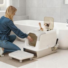 Cat Litter Box, Enclosed Cat Litter Box With Scoop, Deodorizer Bag (Option: Gray White)