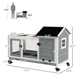 Wooden Rabbit Hutch With Wheels, Run, Slide-out Tray For Small Animals, Guinea Pig, Blue (Option: Gray and White)